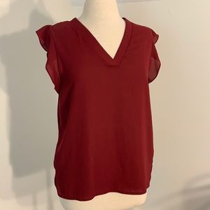 Maroon Ruffle Sleeve V Neck Blouse